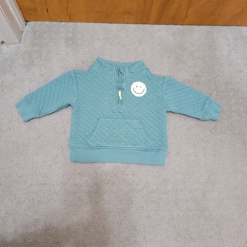 Grayson Mini Teal Quilted 1/4 Zip Sweatshirt 18 Month Smiley Face Graphic